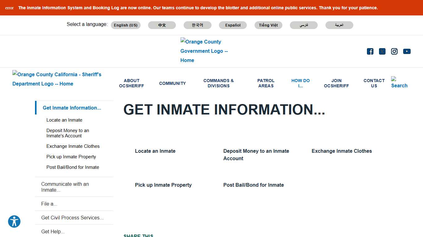 Get Inmate Information... | Orange County California - Sheriff's Department